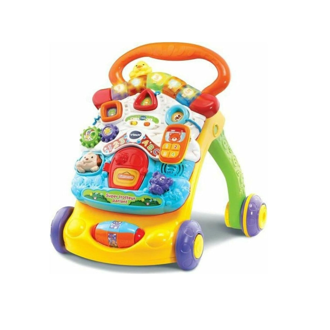 Vtech Colorful toy walker with various interactive elements on a white background
