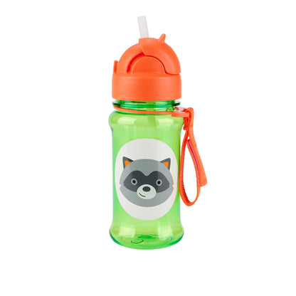 A green translucent Skip hop plastic water bottle with a bright orange lid and carrying strap, featuring a cartoon raccoon graphic on the front.