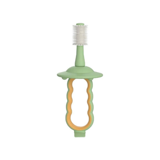 Green and orange Momcozy baby toothbrush on a white background
