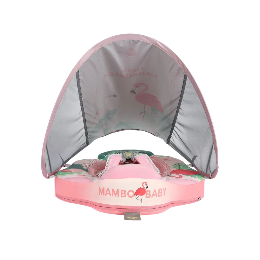 Pink and gray baby Float with canopy featuring flamingo design, branded 'Mambo Baby'.