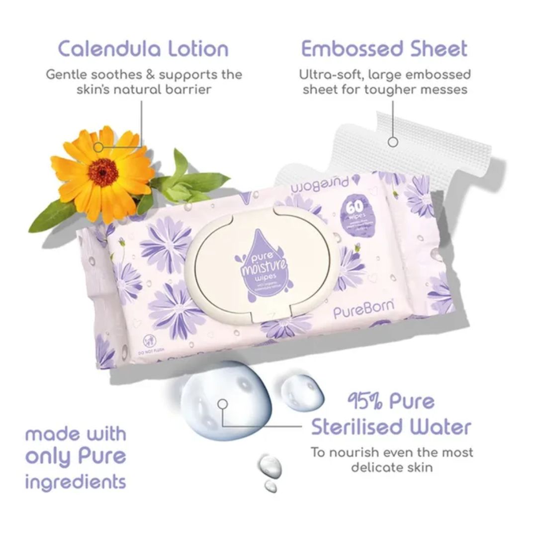 PureBorn wipes with calendula lotion and embossed sheet features on a white background