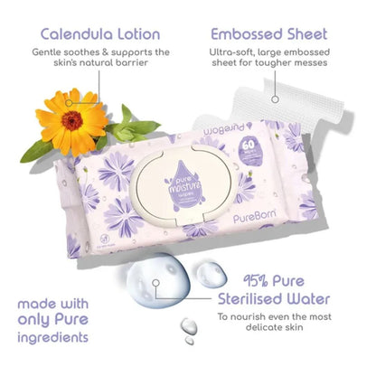 PureBorn wipes with calendula lotion and embossed sheet features on a white background