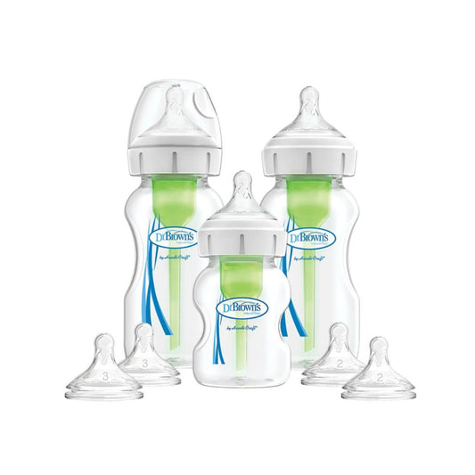 Set of Dr. Brown's baby bottles with various components on a white background