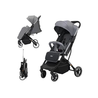 Gray and black Kidilo stroller with folded and unfolded positions on a white background