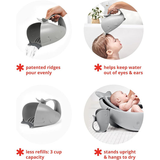 Four close-up images showing the whale bath rinser's design features: water pouring from the spout with interior ridges to keep water from eyes and ears, the soft cushioned rim resting on a child's head, and the rinser standing upright or hanging by its handle to dry.