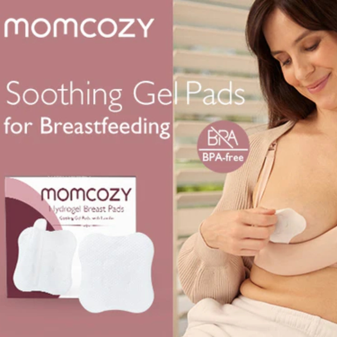 Momcozy soothing gel pads for breastfeeding with a woman wearing a beige cardigan.