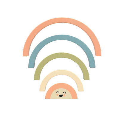 Set of colorful Pearhead rainbow-shaped toys with a smiling face on a white background