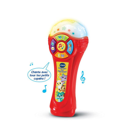 Colorful toy vtech microphone with buttons and a screen on a white background