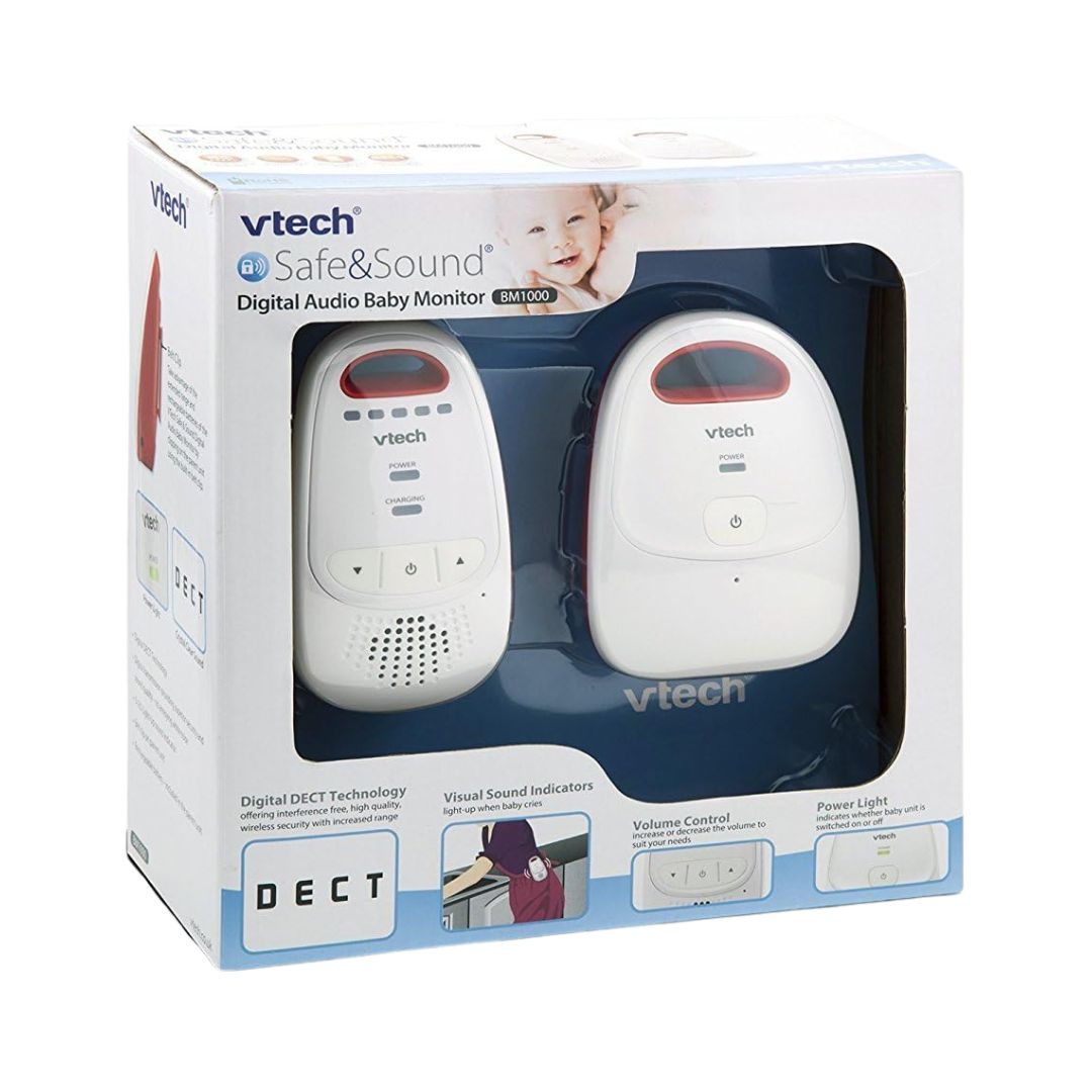 Vtech Safe & Sound digital audio baby monitor packaging on a white background