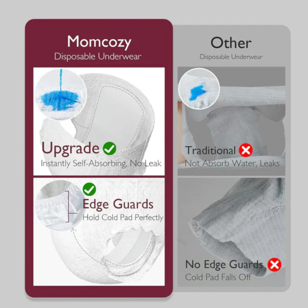 Comparison of Momcozy disposable underwear with traditional options on a gray background