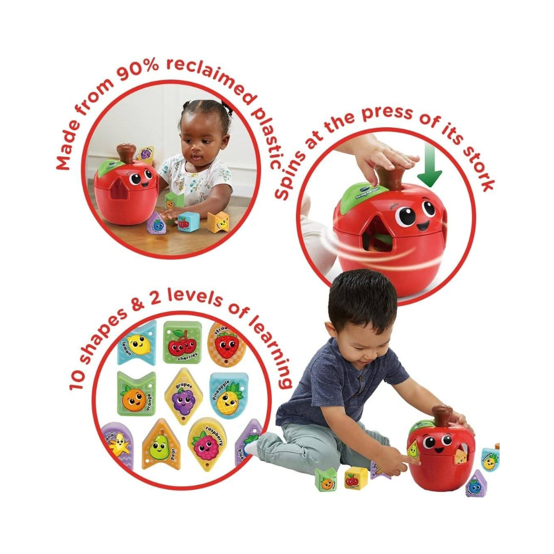 vtech Children playing with a red educational toy, surrounded by text about its features.