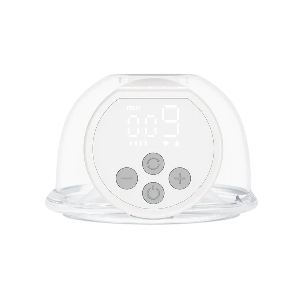 White electronic Momcozy breast pump with control buttons on a white background