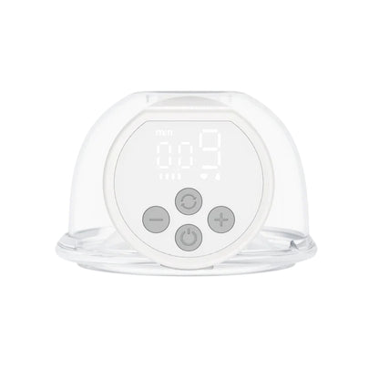 White electronic Momcozy breast pump with control buttons on a white background