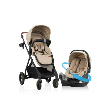 Beige Evenflo stroller and car seat with blue strap on a white background