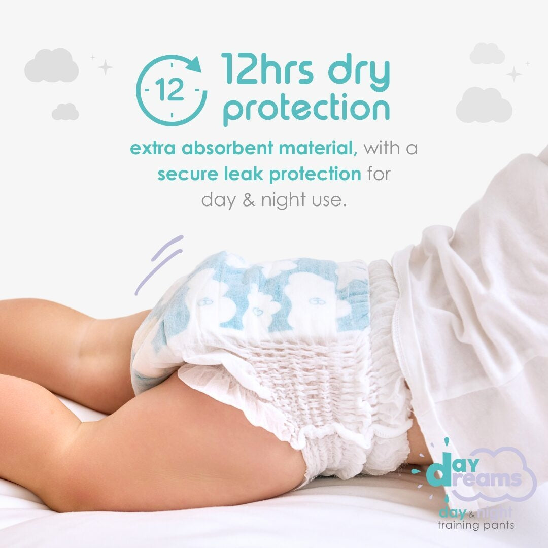 Person wearing training pants with text about 12 hours of dry protection and absorbent material.