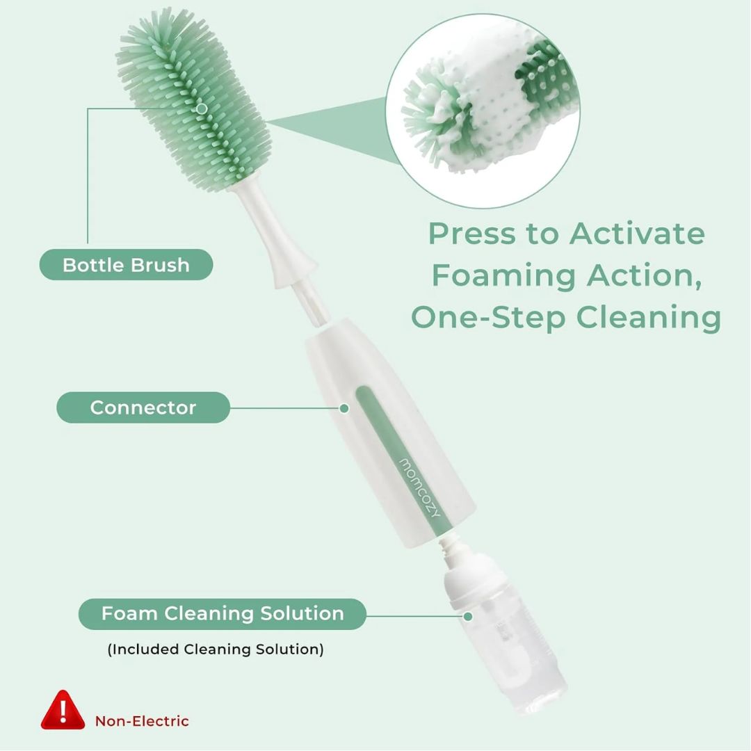 Bottle brush with green bristles and white handle on a light green background, labeled for parts and features.