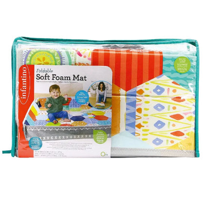 Foldable Infantino  soft foam mat with colorful patterns and packaging on a white background