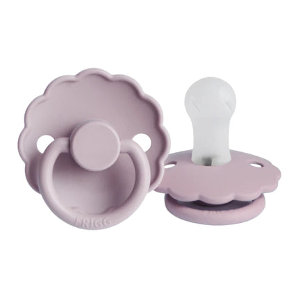 Frigg Lilac silicone pacifiers on a white background