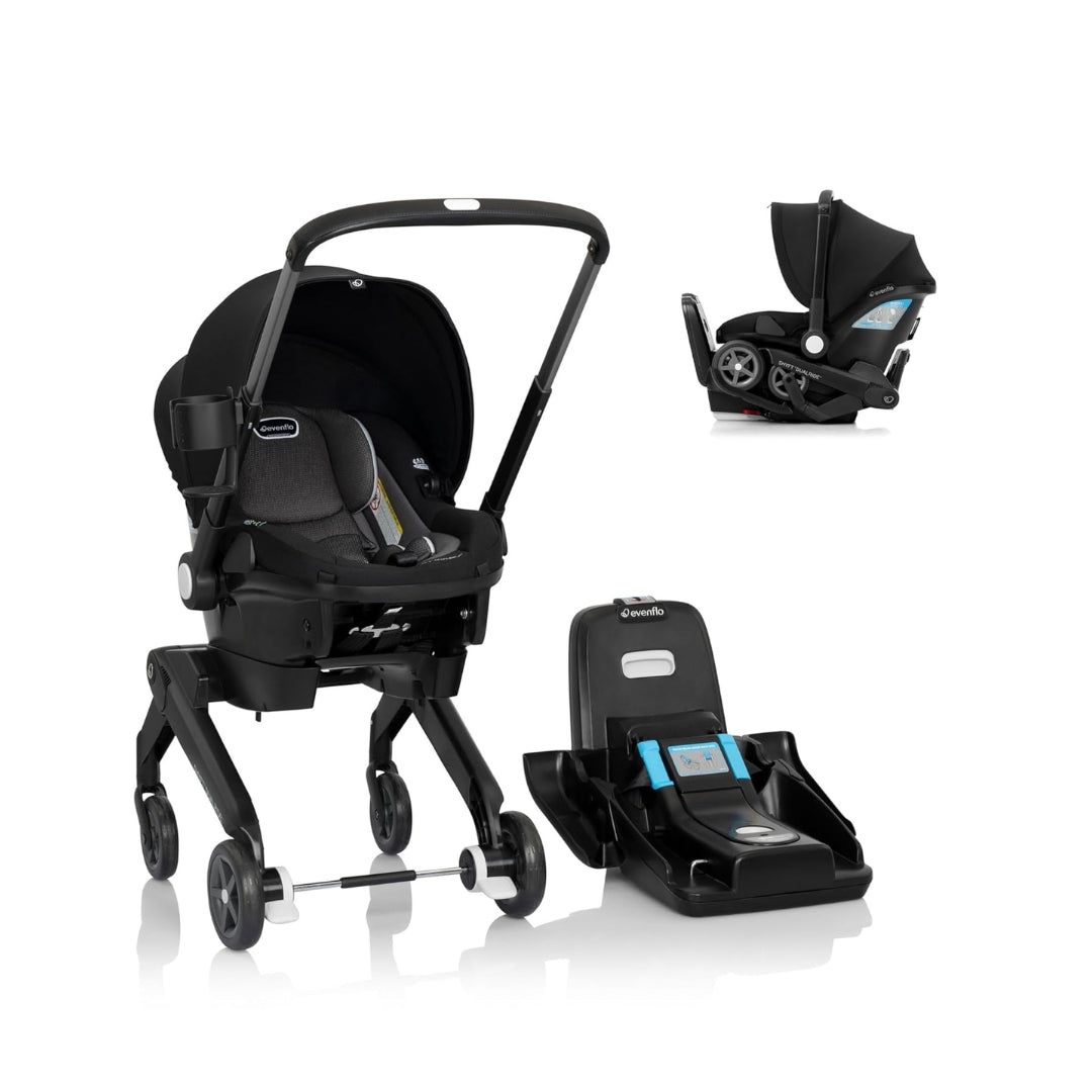 Evenflo Black baby stroller and car seat set on a white background