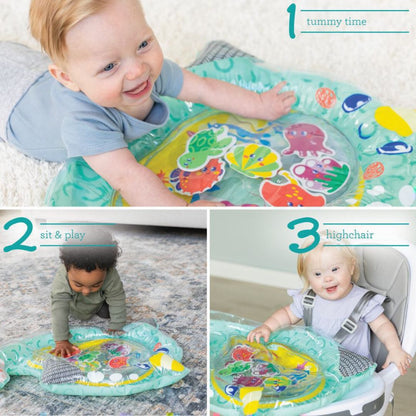 Collage of a baby playing with a colorful water mat in various settings.