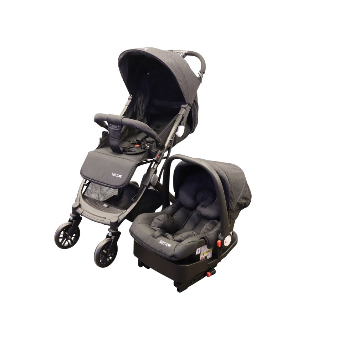 Baby Love Grey stroller with attached car seat on a white background