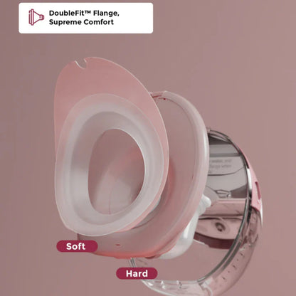 Silicone flange with 'DoubleFit Flange, Supreme Comfort' text on a pink background
