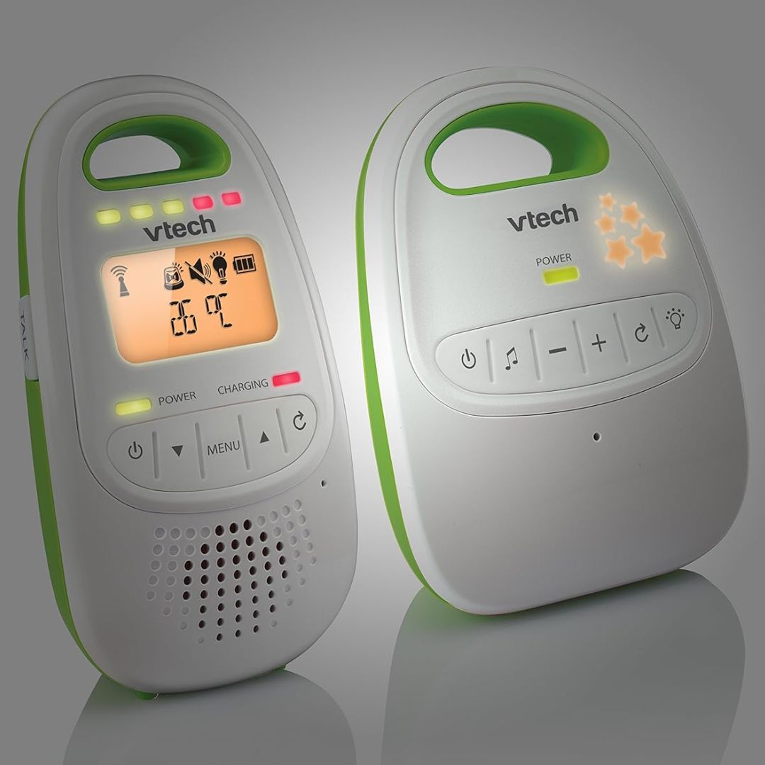 Two Vtech baby monitors on a gray background
