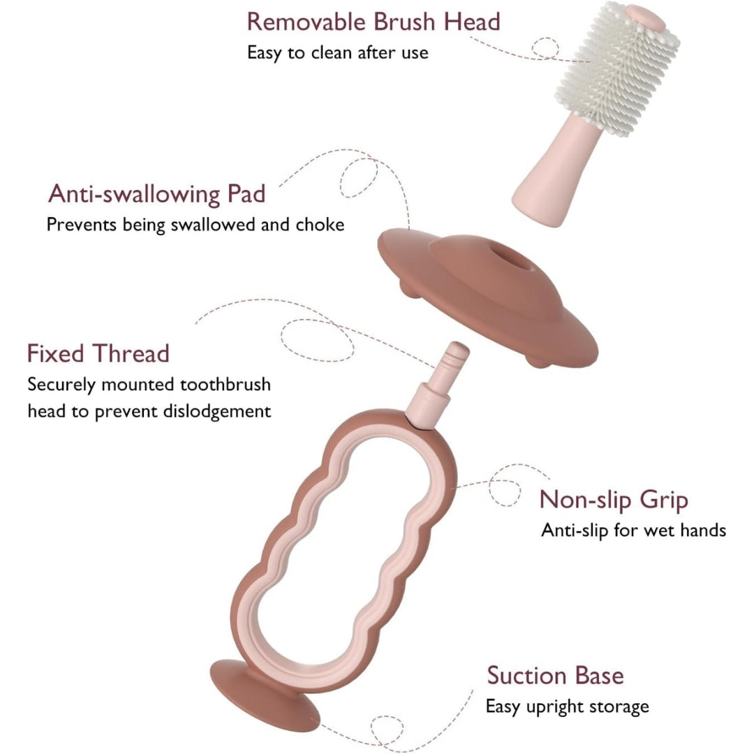 Momcozy baby toothbrush with features labeled on a white background