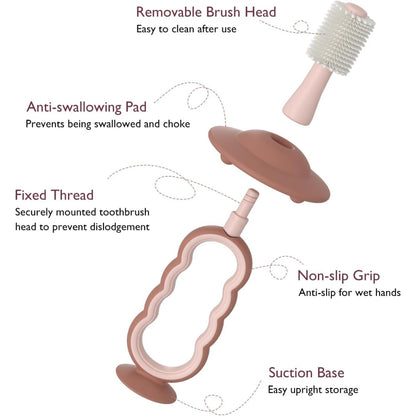 Momcozy baby toothbrush with features labeled on a white background