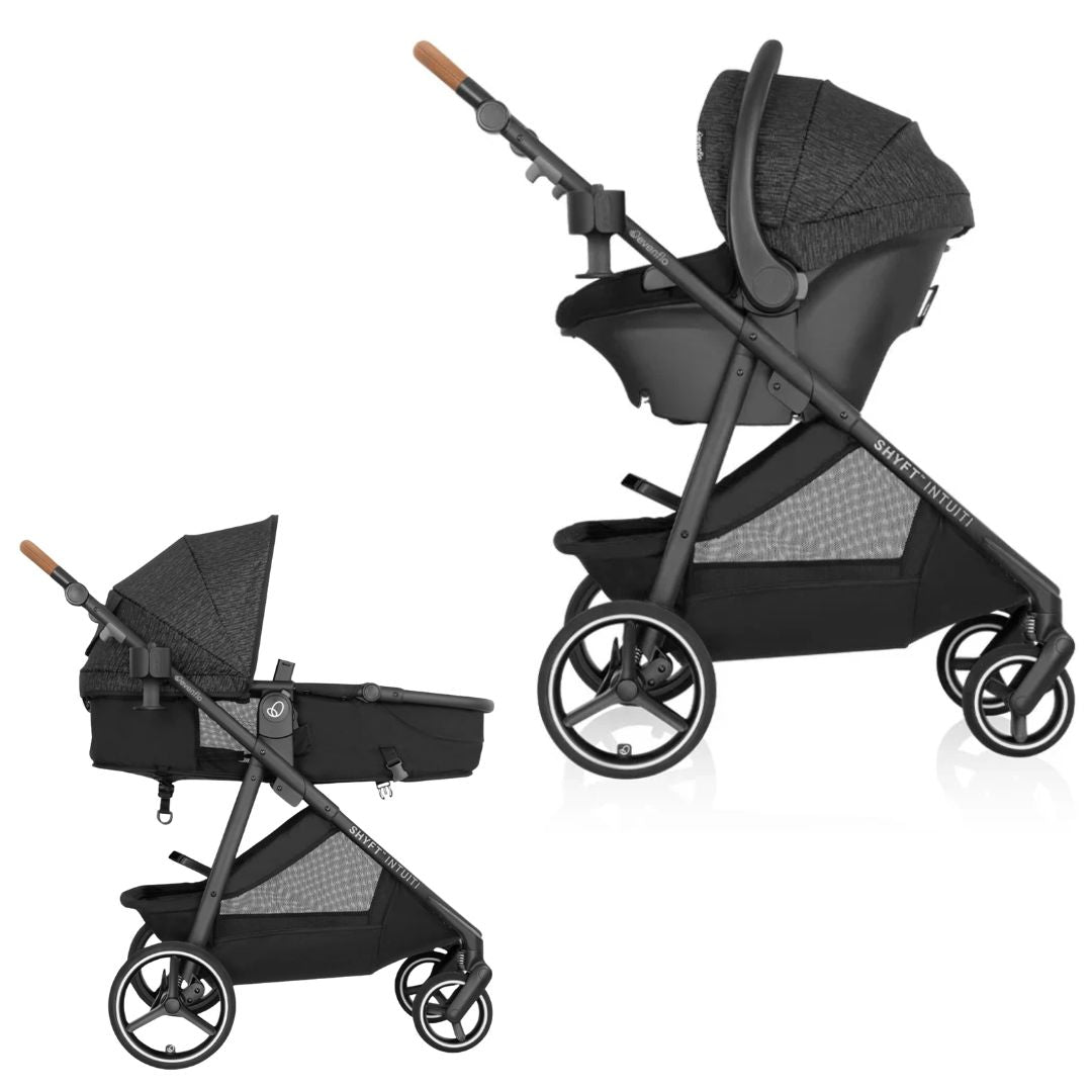 Evenflo Black baby stroller with bassinet on a white background