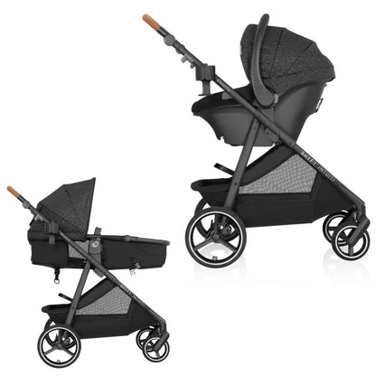 Evenflo Black baby stroller with bassinet on a white background