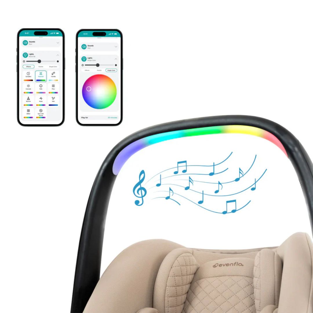 Evenflo Beige car seat with LED arch, smartphone app controls, and musical notes indicating sound feature.