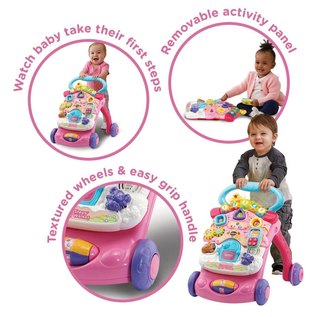 Vtech Pink baby walker with features highlighted on a white background