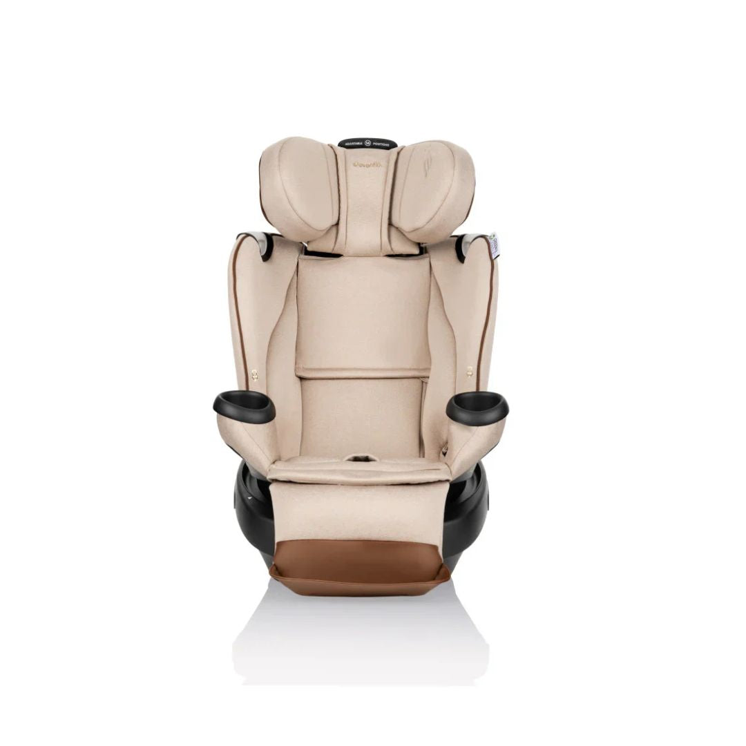 Beige and brown Evenflo car seat on a white background