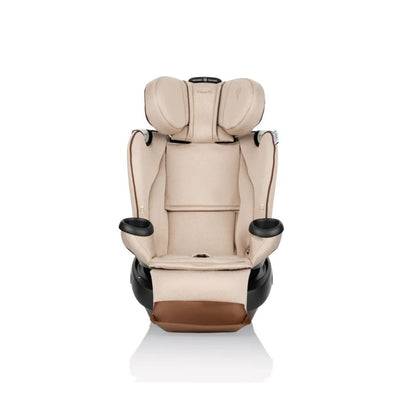Beige and brown Evenflo car seat on a white background