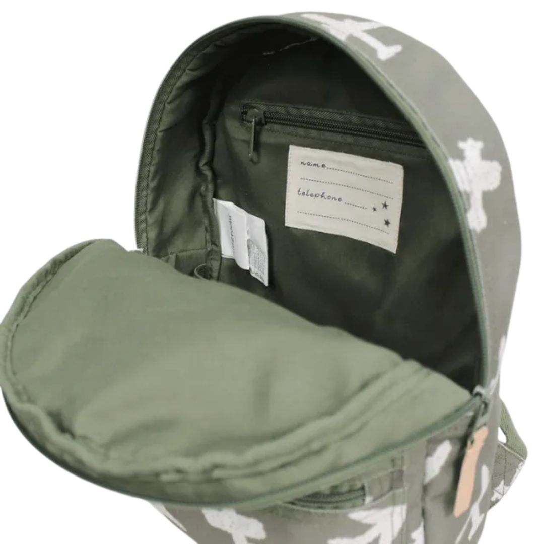 Green backpack with Plane pattern on a white background