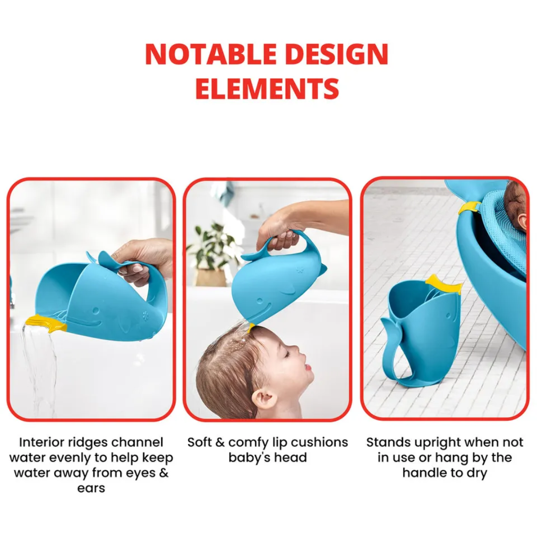 Skip hop three close-up images showing the whale bath rinser's design features: water pouring from the spout with interior ridges to keep water from eyes and ears, the soft cushioned rim resting on a child's head, and the rinser standing upright or hanging by its handle to dry.