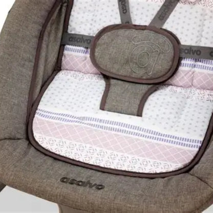 Baby swing with patterned cushion and 'asalvo' branding