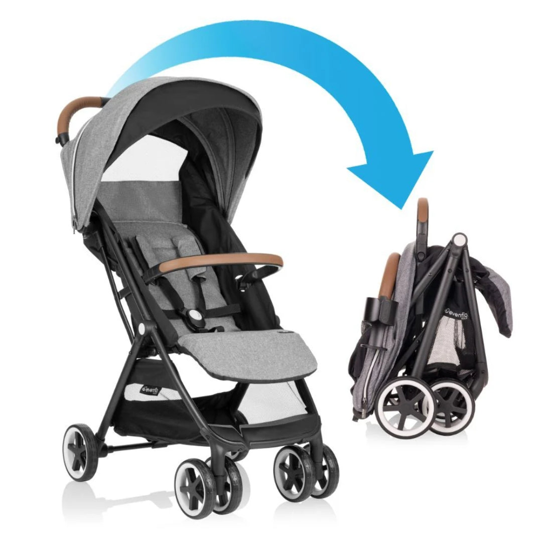 Evenflo Stroller in two configurations: expanded and folded, with a blue arrow indicating the transformation.