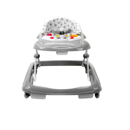 Baby walker with a patterned seat on a white background