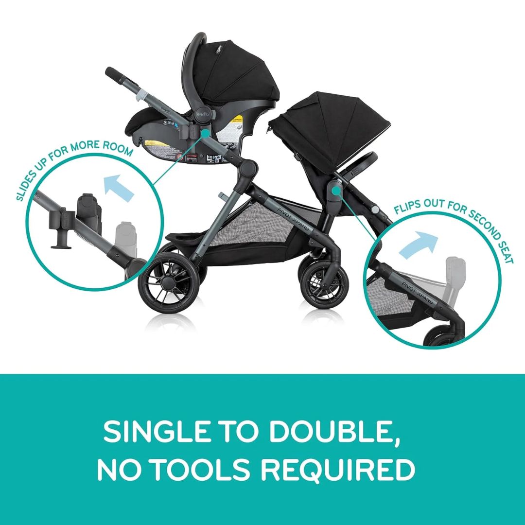 Evenflo Stroller with car seat attachment feature, showing how to convert single to double seat without tools.
