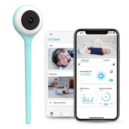 Baby monitor with smartphone displaying app interface on a white background
