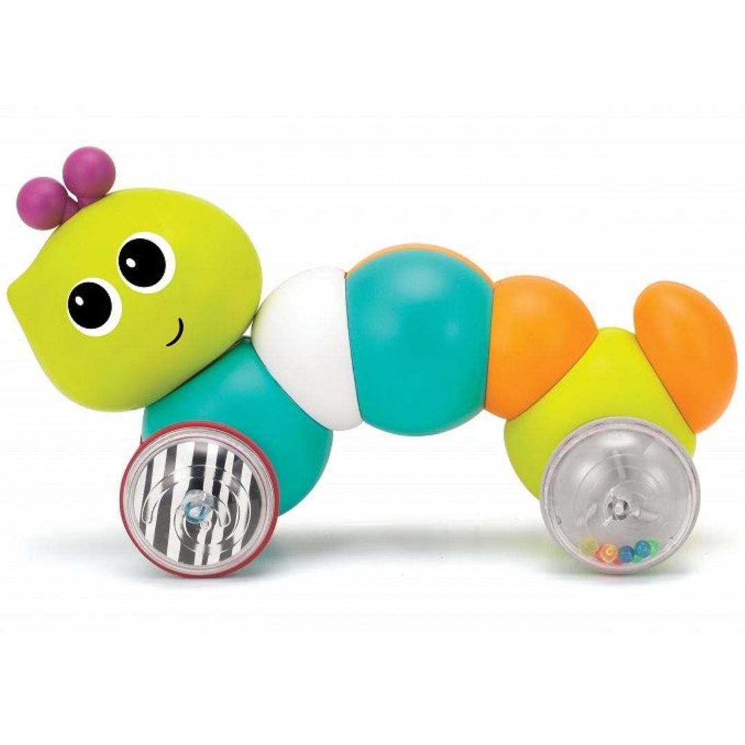 Infantino Bkids Colorful caterpillar-shaped toy with wheels on a white background