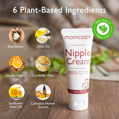 Momcozy Nipple Cream with plant-based ingredients on a wooden surface
