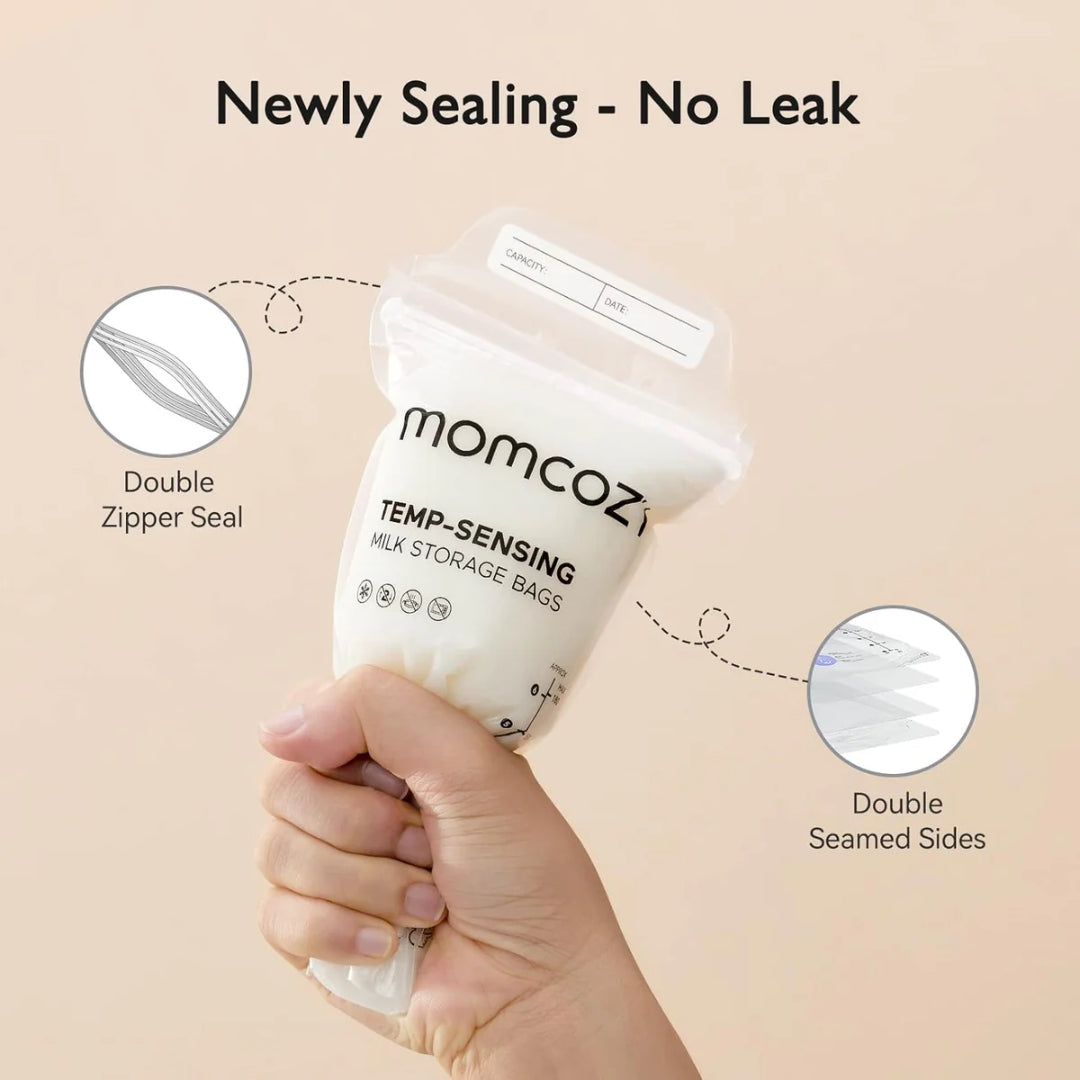 Hand holding a Momcozy milk storage bag with features highlighted on a beige background