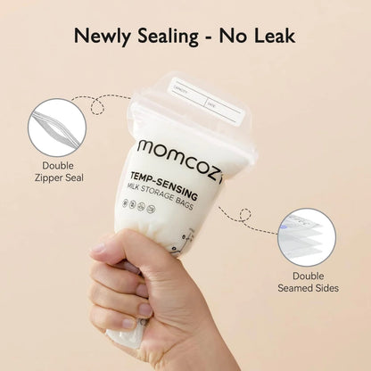 Hand holding a Momcozy milk storage bag with features highlighted on a beige background