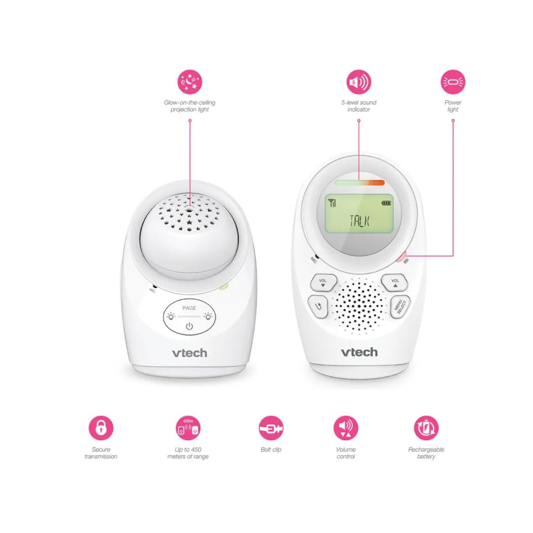 Two Vtech baby monitors on a white background with feature icons.