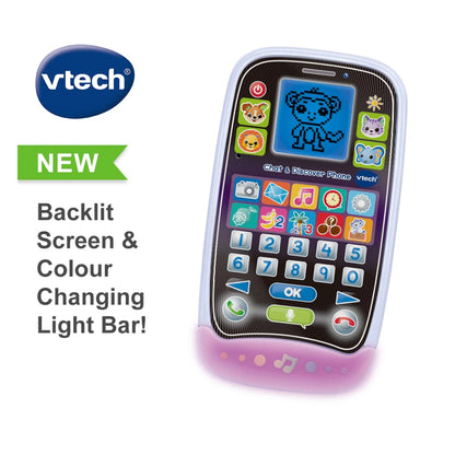 Vtech toy phone with colorful screen and buttons on a white background