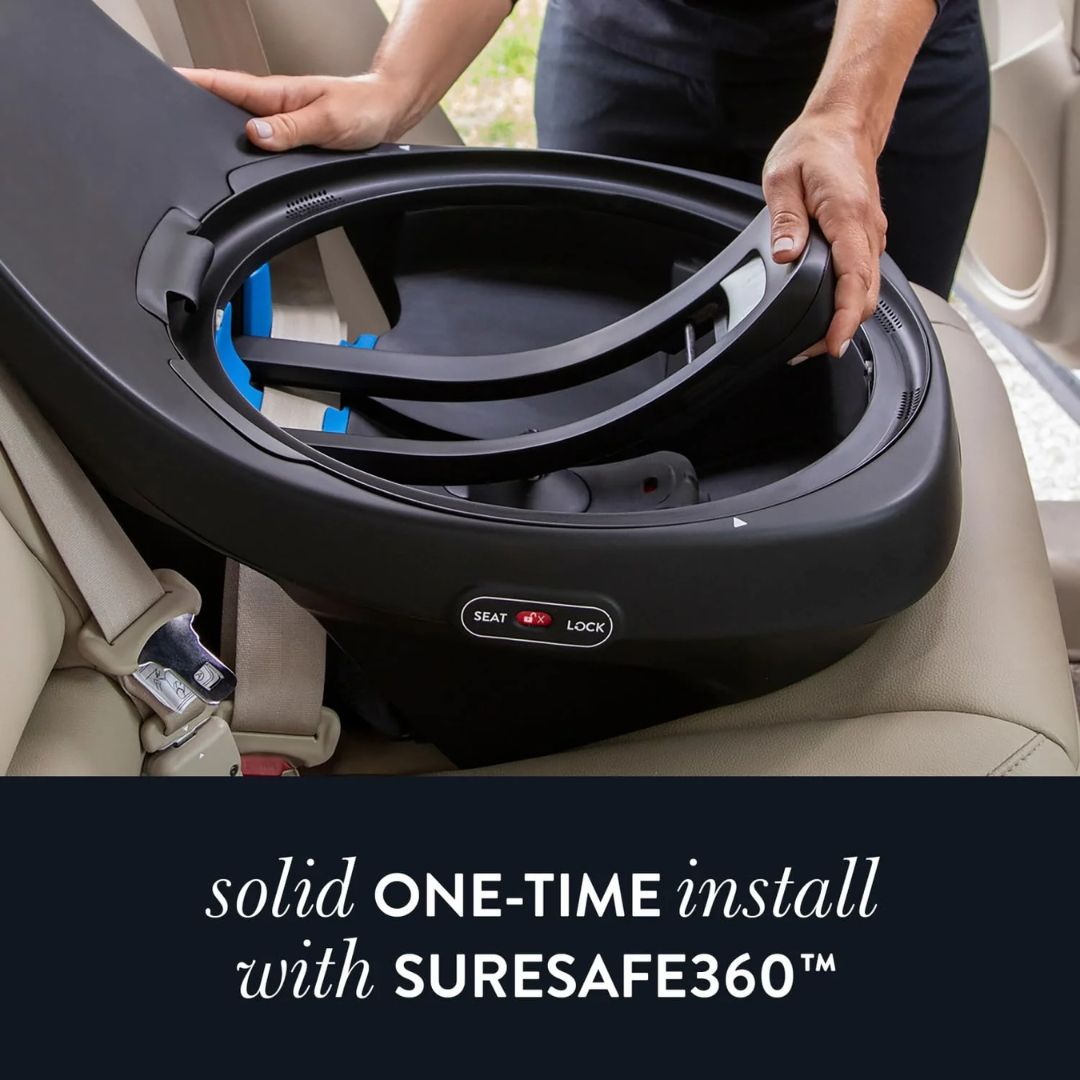 Evenflo Car seat being installed withSURESAFE360 technology in a vehicle.