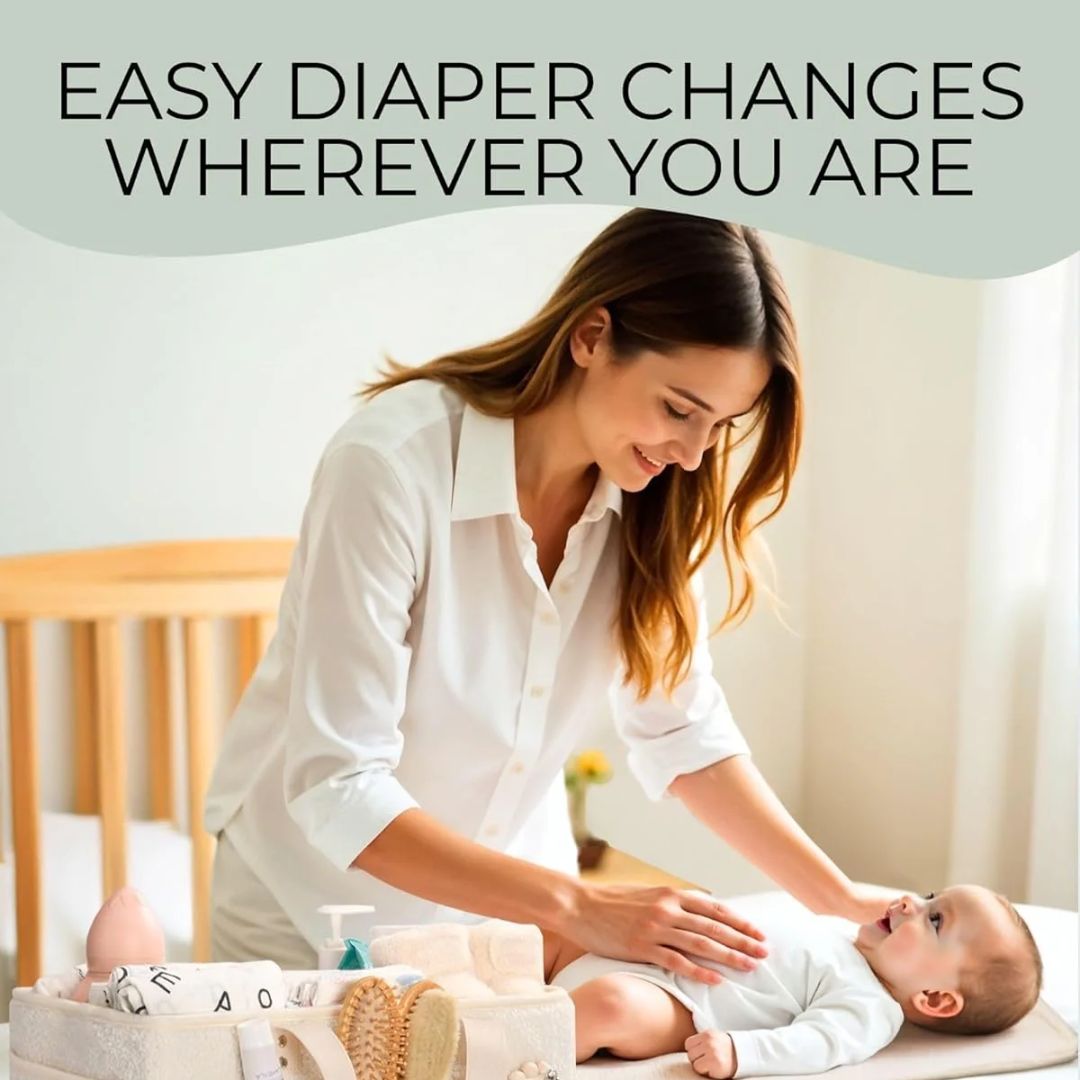 Woman changing a baby's diaper with text 'Easy diaper changes wherever you are' on a light background